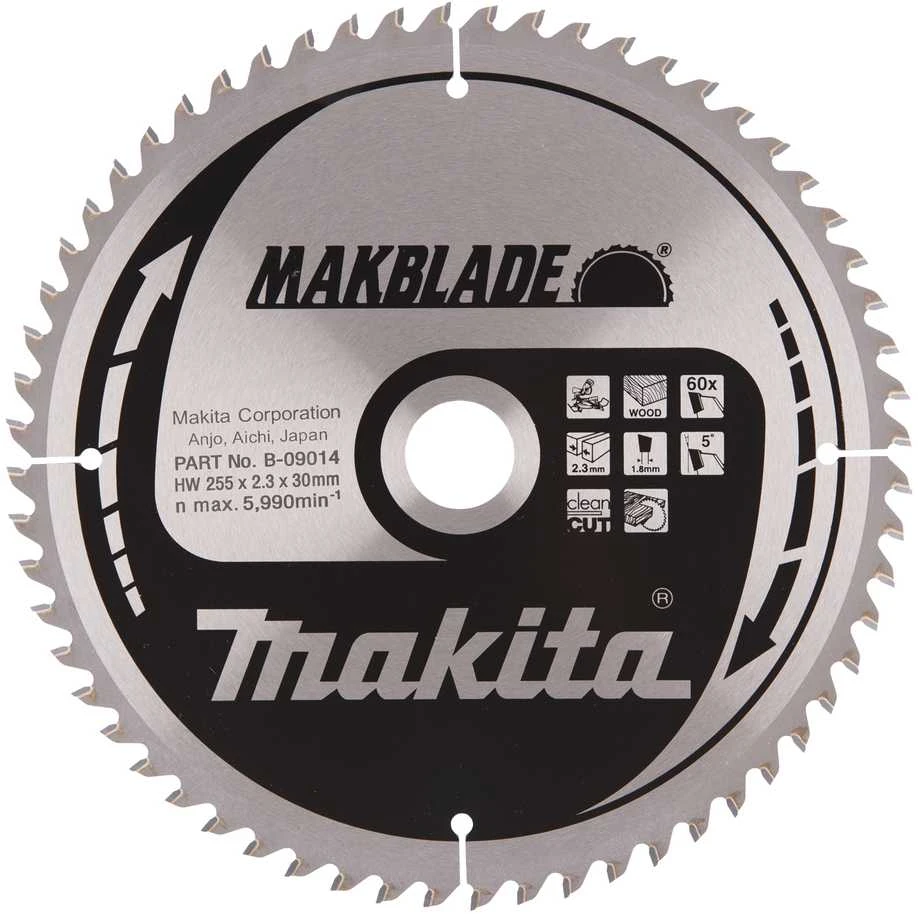 Makita T.C.T. pjūklas MAKBLADE 255X2.3X30mm 5° T60 B-09014 T.C.T • 255 x30 mm • T60 • 5° • Medienai