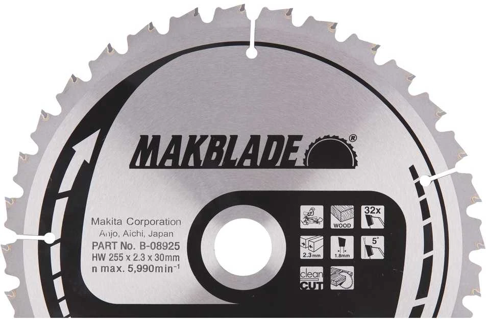 Makita T.C.T. pjūklas MAKBLADE 255X2.3X30mm 5° T32 B-08925 T.C.T • 255 x30 mm • T32 • 5° • Medienai