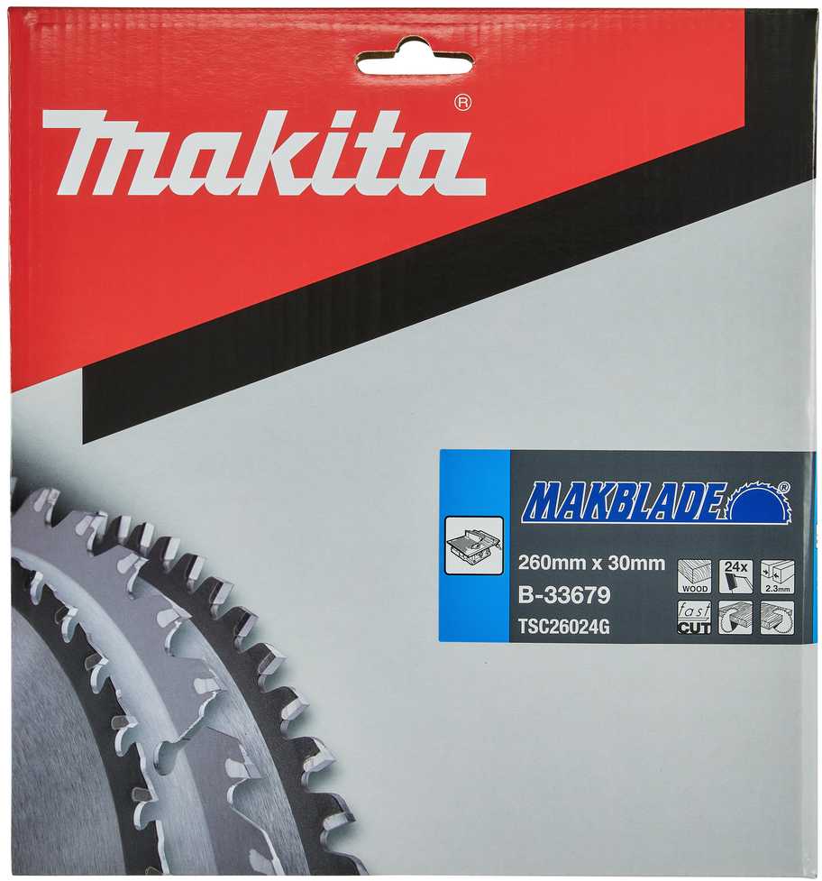 Makita T.C.T. pjūklas MAKBLADE 260X2.3X30mm 20° T24 B-33679 T.C.T • 260 x30 mm • T24 • 20° • Medienai