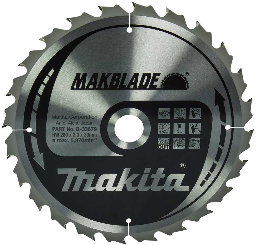 Makita T.C.T. pjūklas MAKBLADE 260X2.3X30mm 20° T24 B-33679 T.C.T • 260 x30 mm • T24 • 20° • Medienai