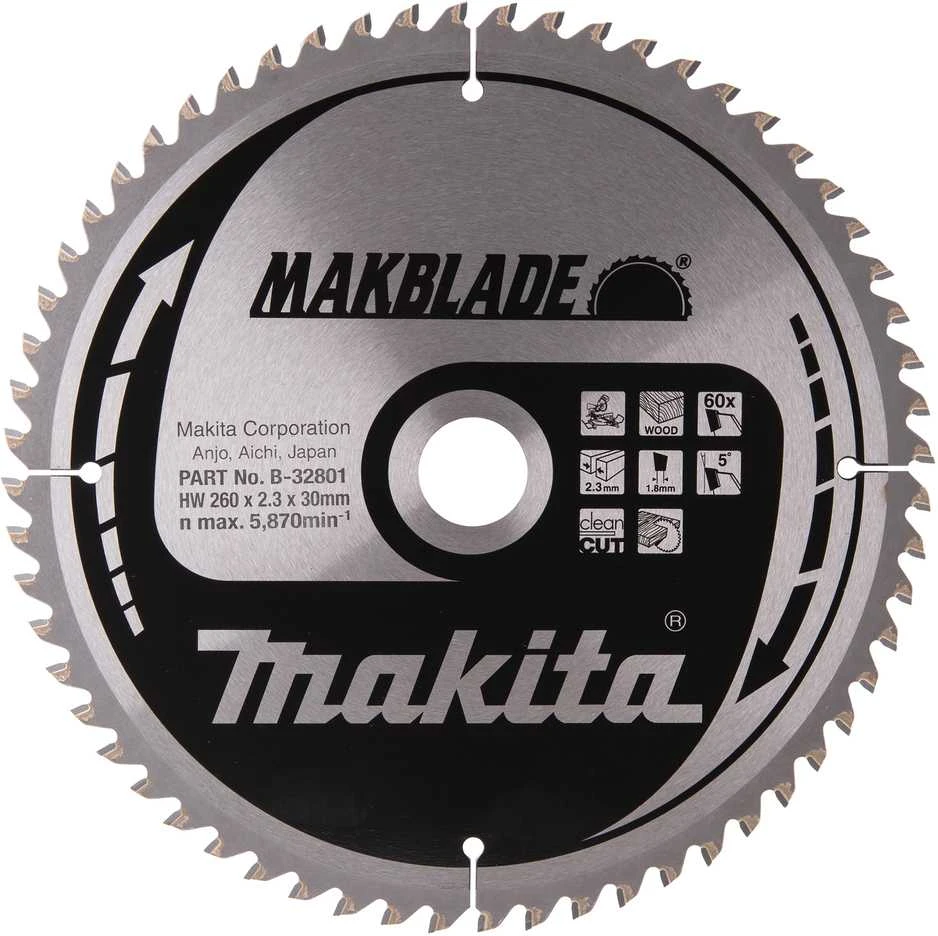 Makita T.C.T. pjūklas MAKBLADE 260X2.3X30mm 5° T60 B-32801 T.C.T • 260 x30 mm • T60 • 5° • Medienai