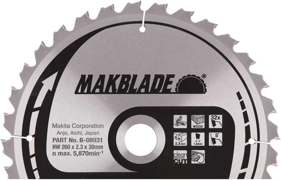 Makita T.C.T. pjūklas MAKBLADE 260X2.3X30mm 5° T32 B-08931 T.C.T • 260 x30 mm • T32 • 5° • Medienai