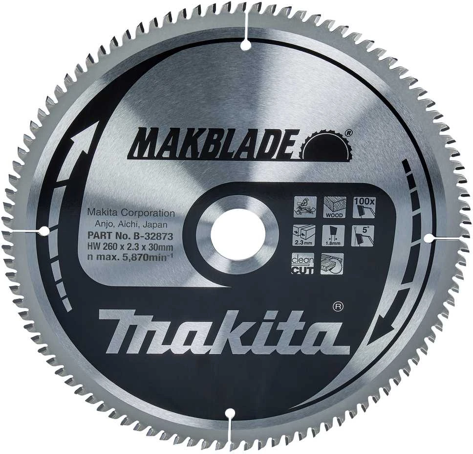 Makita T.C.T. pjūklas MAKBLADE 260X2.3X30mm 5° T100 B-32873 T.C.T • 260 x30 mm • T100 • 5° • Medienai