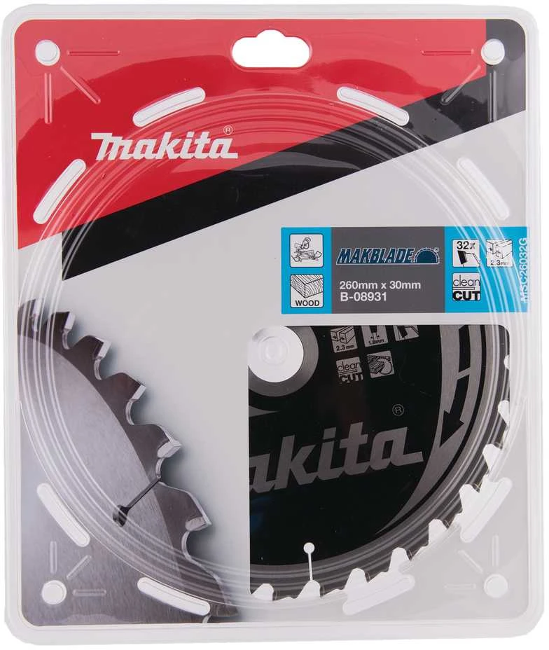 Makita T.C.T. pjūklas MAKBLADE 260X2.3X30mm 5° T32 B-08931 T.C.T • 260 x30 mm • T32 • 5° • Medienai