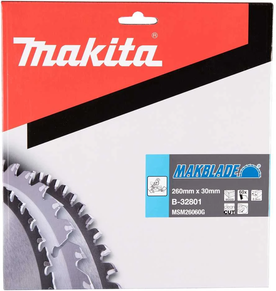 Makita T.C.T. pjūklas MAKBLADE 260X2.3X30mm 5° T60 B-32801 T.C.T • 260 x30 mm • T60 • 5° • Medienai