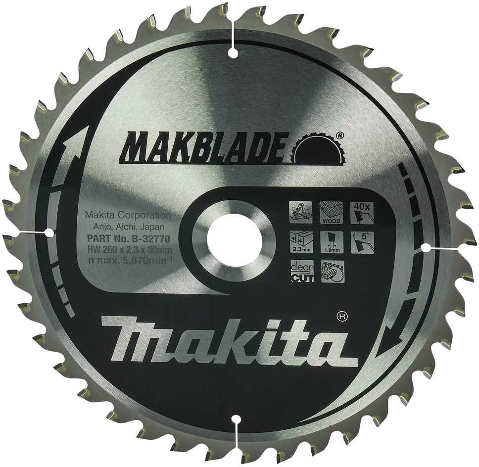 Makita T.C.T. pjūklas MAKBLADE 260X2.3X30mm 5° T40 B-32770 T.C.T • 260 x30 mm • T40 • 5° • Medienai