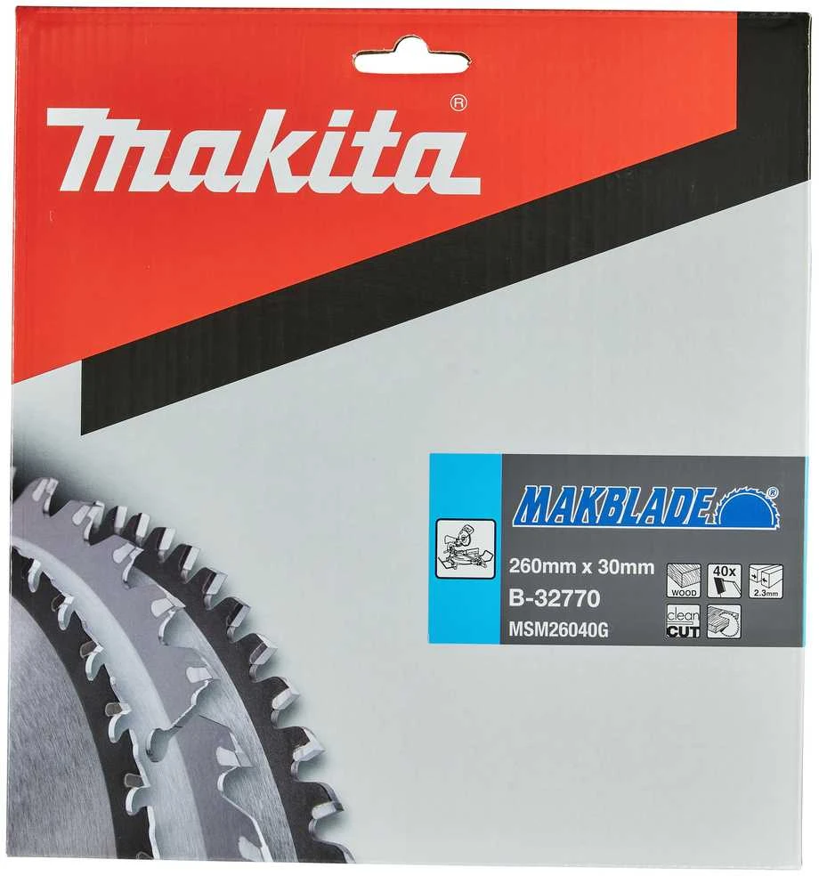 Makita T.C.T. pjūklas MAKBLADE 260X2.3X30mm 5° T40 B-32770 T.C.T • 260 x30 mm • T40 • 5° • Medienai
