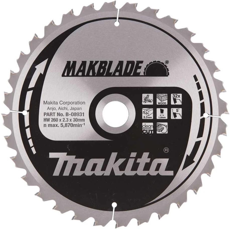 Makita T.C.T. pjūklas MAKBLADE 260X2.3X30mm 5° T32 B-08931 T.C.T • 260 x30 mm • T32 • 5° • Medienai