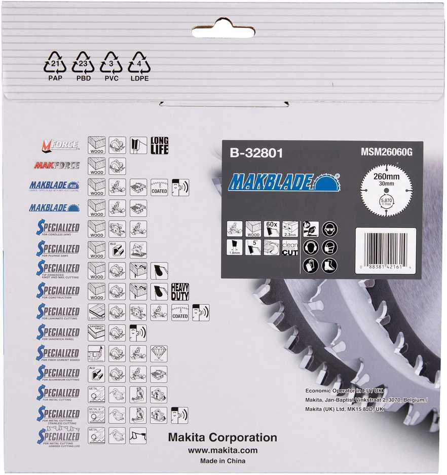 Makita T.C.T. pjūklas MAKBLADE 260X2.3X30mm 5° T60 B-32801 T.C.T • 260 x30 mm • T60 • 5° • Medienai