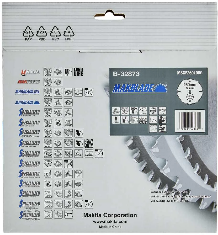 Makita T.C.T. pjūklas MAKBLADE 260X2.3X30mm 5° T100 B-32873 T.C.T • 260 x30 mm • T100 • 5° • Medienai