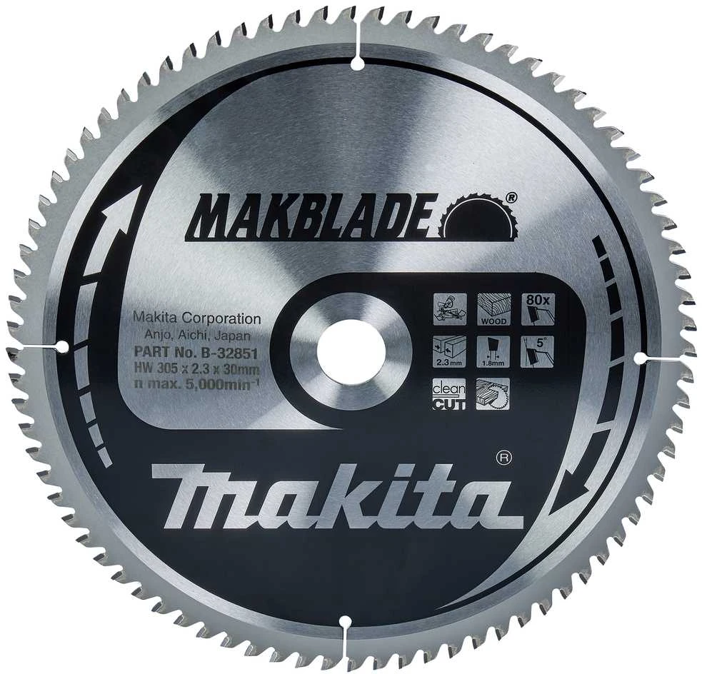 Makita T.C.T. pjūklas MAKBLADE 305X2.3X30mm 5° T80 B-32851 T.C.T • 305 x30 mm • T80 • 5° • Medienai