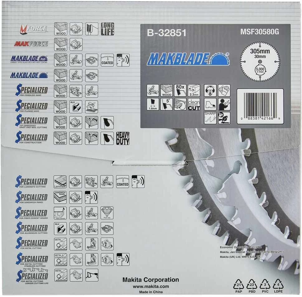 Makita T.C.T. pjūklas MAKBLADE 305X2.3X30mm 5° T80 B-32851 T.C.T • 305 x30 mm • T80 • 5° • Medienai