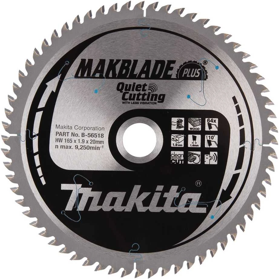 Makita T.C.T. pjūklas MAKBLADE PLUS 165X1.9X20mm 10° T64 B-56518 T.C.T • 165 x20 mm • T64 • 10° • Medienai