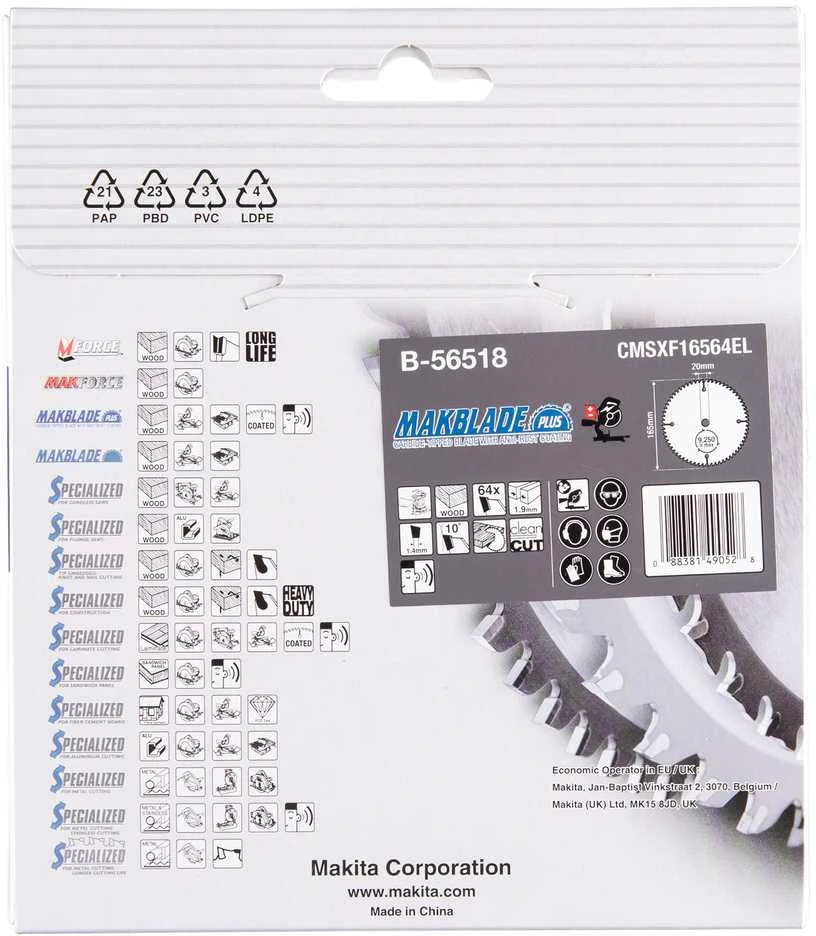 Makita T.C.T. pjūklas MAKBLADE PLUS 165X1.9X20mm 10° T64 B-56518 T.C.T • 165 x20 mm • T64 • 10° • Medienai