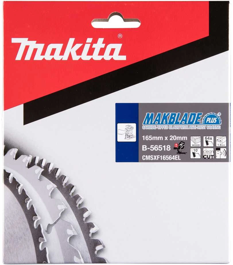 Makita T.C.T. pjūklas MAKBLADE PLUS 165X1.9X20mm 10° T64 B-56518 T.C.T • 165 x20 mm • T64 • 10° • Medienai