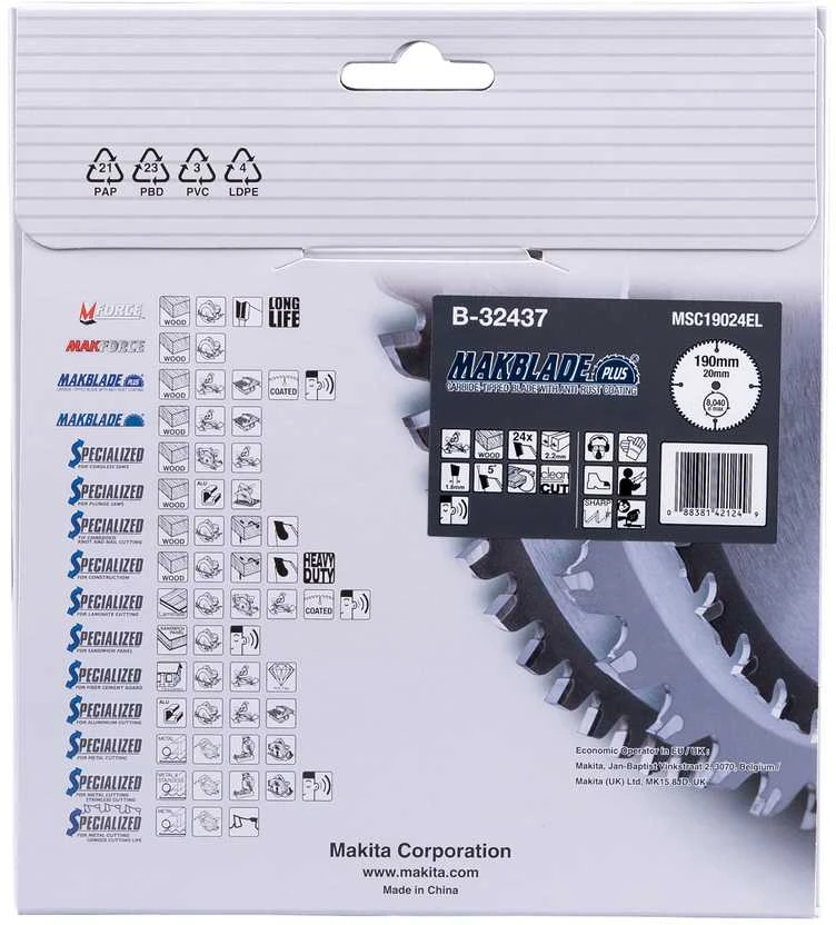 Makita T.C.T. pjūklas MAKBLADE PLUS 190X2.2X20mm 5° T24 B-32437 T.C.T • 190 x20 mm • T24 • 5° • Medienai