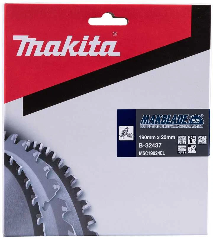 Makita T.C.T. pjūklas MAKBLADE PLUS 190X2.2X20mm 5° T24 B-32437 T.C.T • 190 x20 mm • T24 • 5° • Medienai