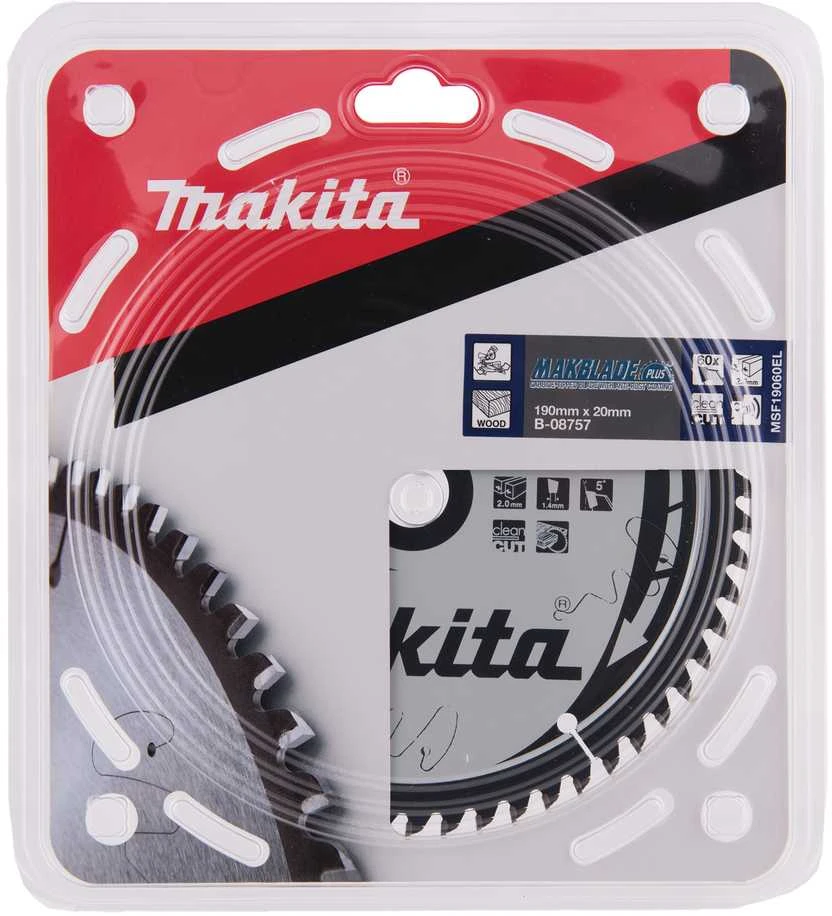 Makita T.C.T. pjūklas MAKBLADE PLUS 190X2X20mm 5° T60 B-08757 T.C.T • 190 x20 mm • T60 • 5° • Medienai
