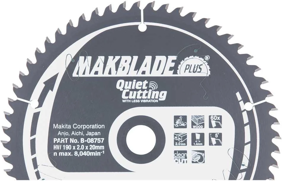 Makita T.C.T. pjūklas MAKBLADE PLUS 190X2X20mm 5° T60 B-08757 T.C.T • 190 x20 mm • T60 • 5° • Medienai