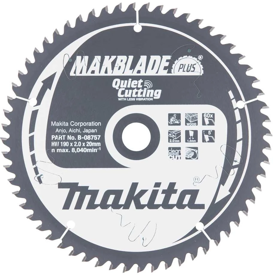 Makita T.C.T. pjūklas MAKBLADE PLUS 190X2X20mm 5° T60 B-08757 T.C.T • 190 x20 mm • T60 • 5° • Medienai