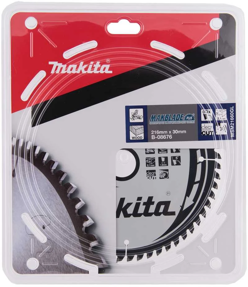 Makita T.C.T. pjūklas MAKBLADE PLUS 216X2.1X30mm 5° T60 B-08676 T.C.T • 216 x30 mm • T60 • 5° • Medienai