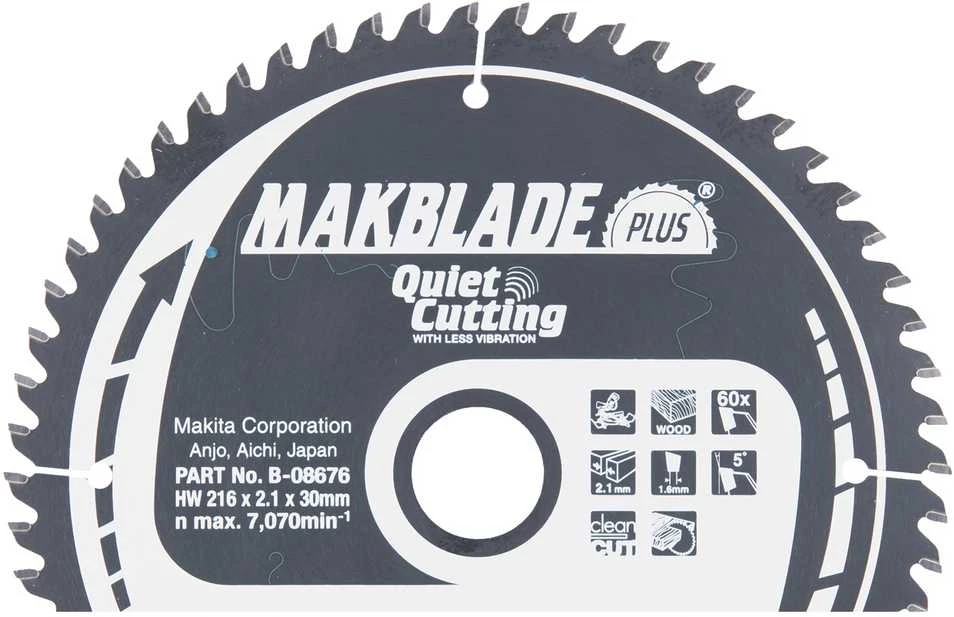 Makita T.C.T. pjūklas MAKBLADE PLUS 216X2.1X30mm 5° T60 B-08676 T.C.T • 216 x30 mm • T60 • 5° • Medienai