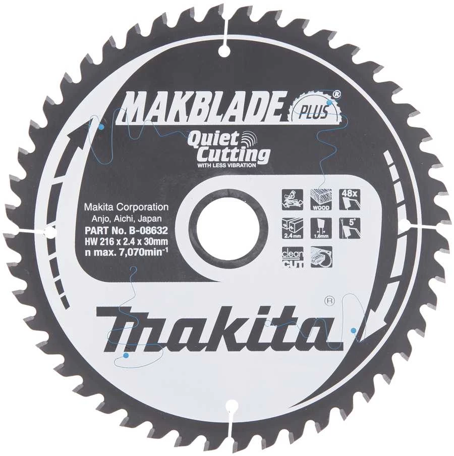Makita T.C.T. pjūklas MAKBLADE PLUS 216X2.4X30mm 5° T48 B-08632 T.C.T • 216 x30 mm • T48 • 5° • Medienai