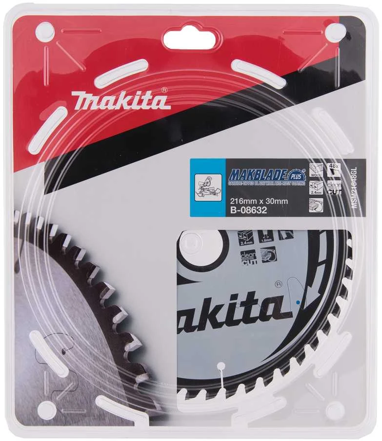 Makita T.C.T. pjūklas MAKBLADE PLUS 216X2.4X30mm 5° T48 B-08632 T.C.T • 216 x30 mm • T48 • 5° • Medienai