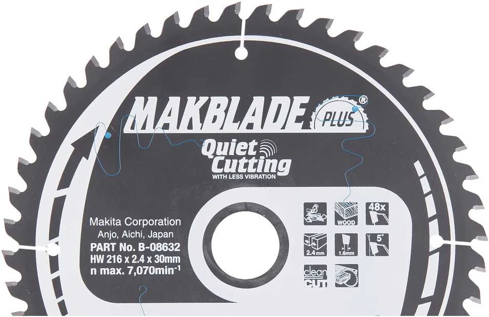 Makita T.C.T. pjūklas MAKBLADE PLUS 216X2.4X30mm 5° T48 B-08632 T.C.T • 216 x30 mm • T48 • 5° • Medienai