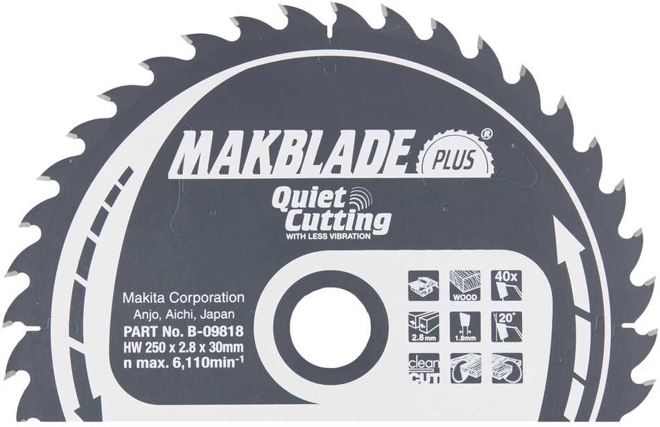 Makita T.C.T. pjūklas MAKBLADE PLUS 250X2.8X30mm 20° T40 B-09818 T.C.T • 250 x30 mm • T40 • 20° • Medienai