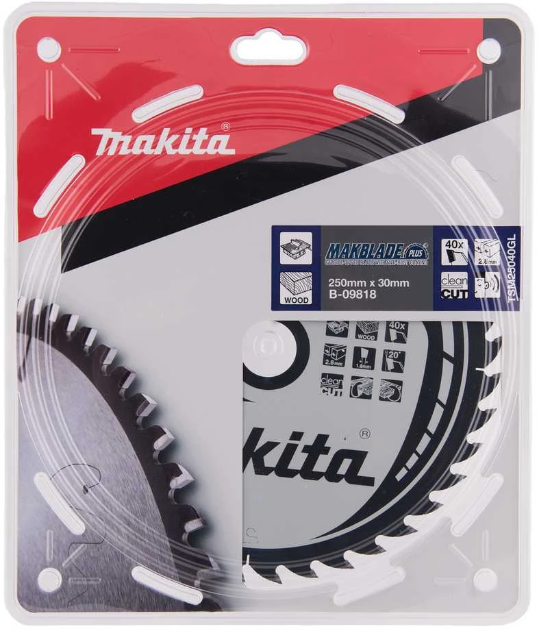 Makita T.C.T. pjūklas MAKBLADE PLUS 250X2.8X30mm 20° T40 B-09818 T.C.T • 250 x30 mm • T40 • 20° • Medienai