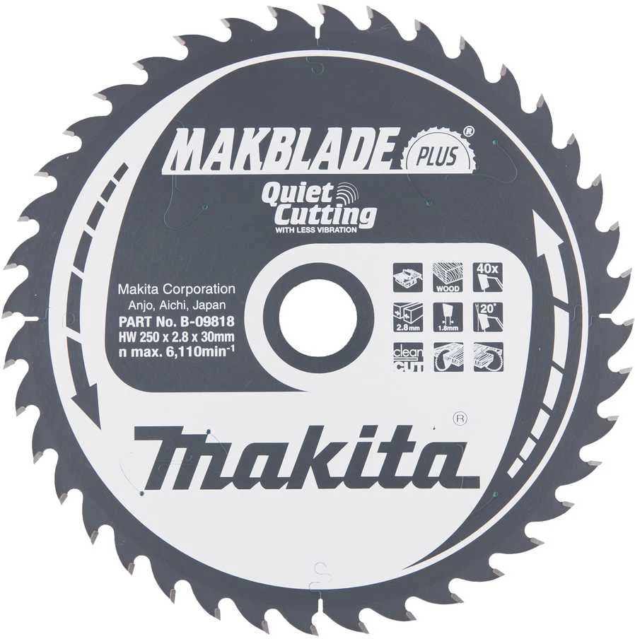 Makita T.C.T. pjūklas MAKBLADE PLUS 250X2.8X30mm 20° T40 B-09818 T.C.T • 250 x30 mm • T40 • 20° • Medienai