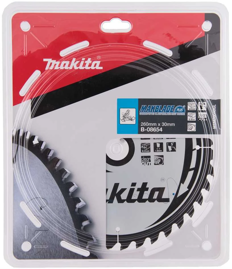 Makita T.C.T. pjūklas MAKBLADE PLUS 260X2.3X30mm 5° T40 B-08654 T.C.T • 260 x30 mm • T40 • 5° • Medienai