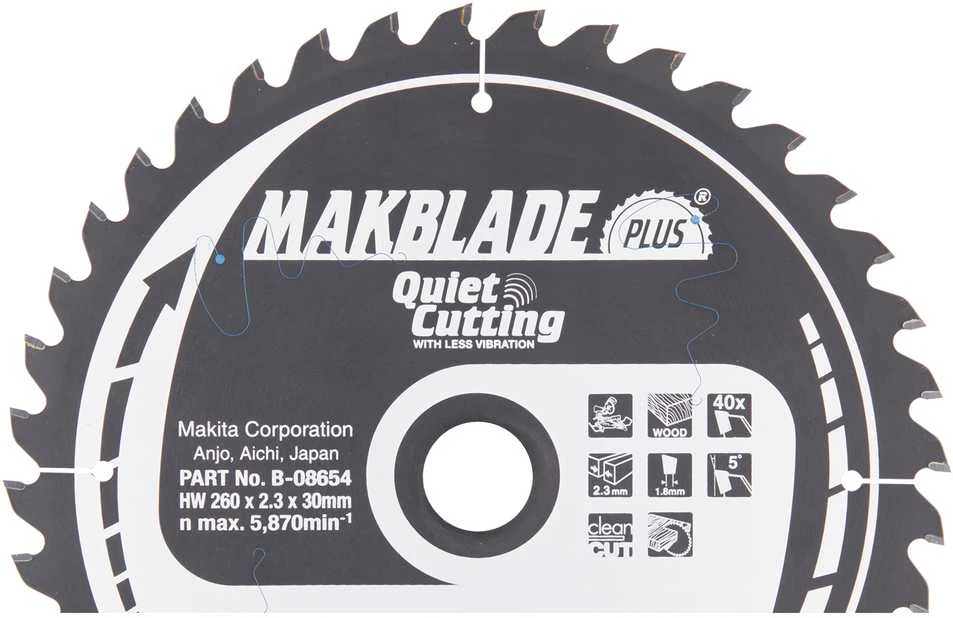 Makita T.C.T. pjūklas MAKBLADE PLUS 260X2.3X30mm 5° T40 B-08654 T.C.T • 260 x30 mm • T40 • 5° • Medienai