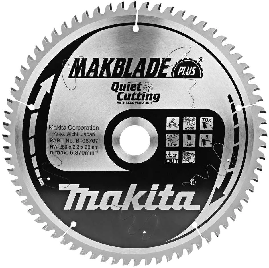 Makita T.C.T. pjūklas MAKBLADE PLUS 260X2.3X30mm 5° T70 B-08707 T.C.T • 260 x30 mm • T70 • 5° • Medienai