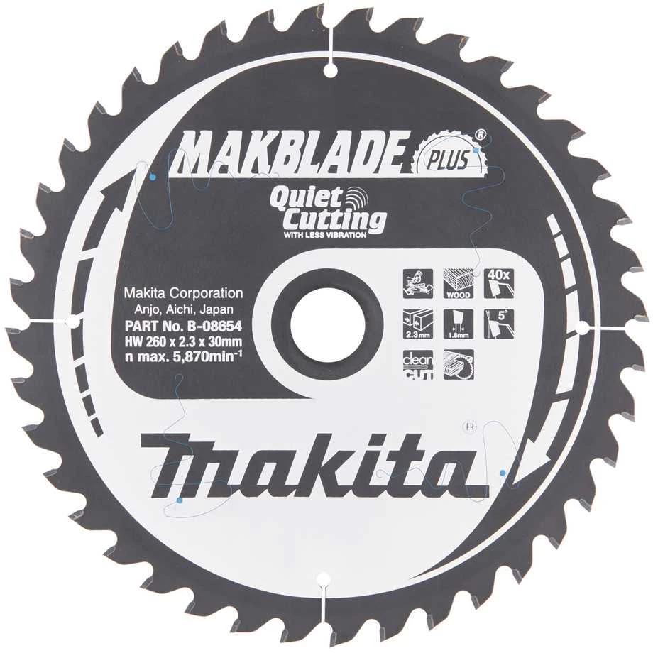 Makita T.C.T. pjūklas MAKBLADE PLUS 260X2.3X30mm 5° T40 B-08654 T.C.T • 260 x30 mm • T40 • 5° • Medienai