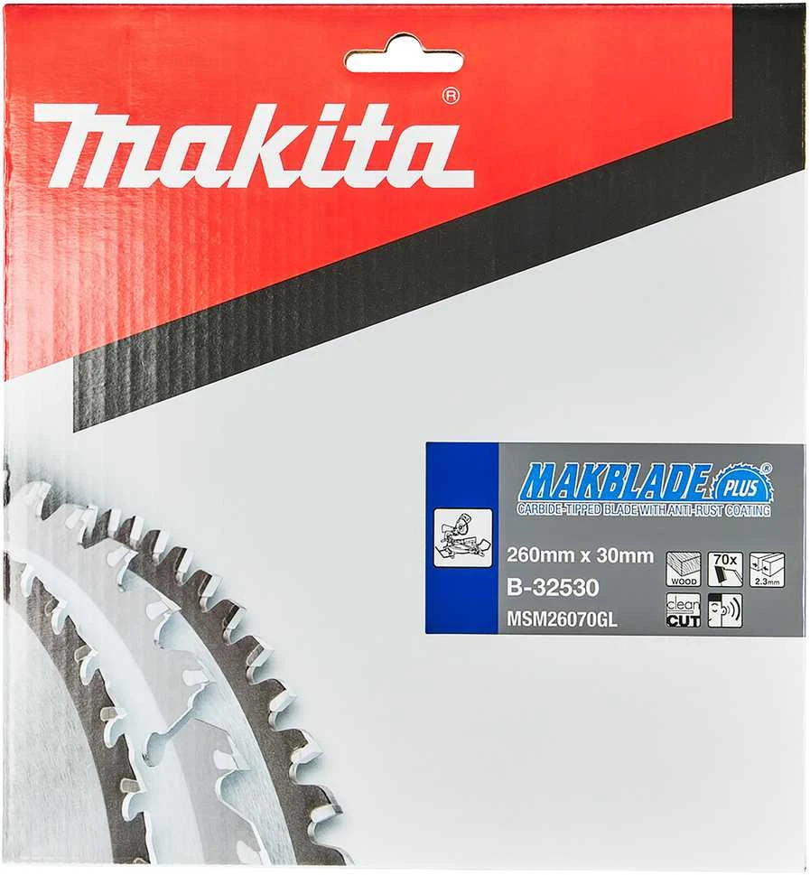 Makita T.C.T. pjūklas MAKBLADE PLUS 260X2.3X30mm 5° T70 B-32530 T.C.T • 260 x30 mm • T70 • 5° • Mediena