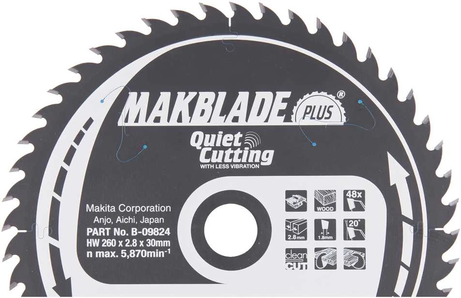 Makita T.C.T. pjūklas MAKBLADE PLUS 260X2.8X30mm 20° T48 B-09824 T.C.T • 260 x30 mm • T48 • 20° • Medienai