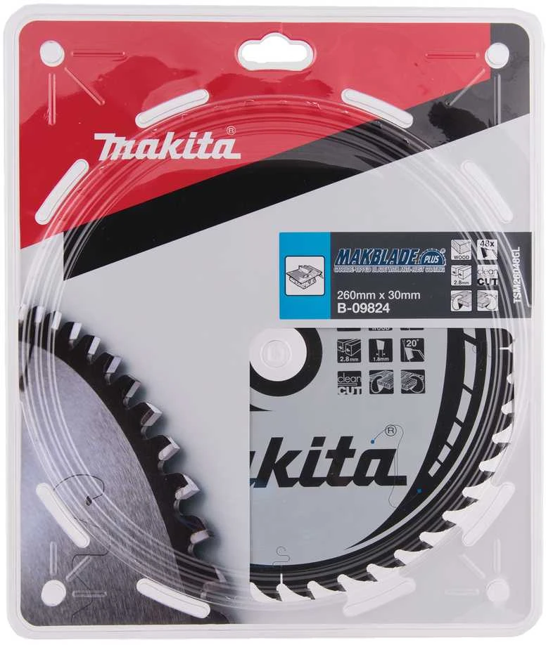 Makita T.C.T. pjūklas MAKBLADE PLUS 260X2.8X30mm 20° T48 B-09824 T.C.T • 260 x30 mm • T48 • 20° • Medienai