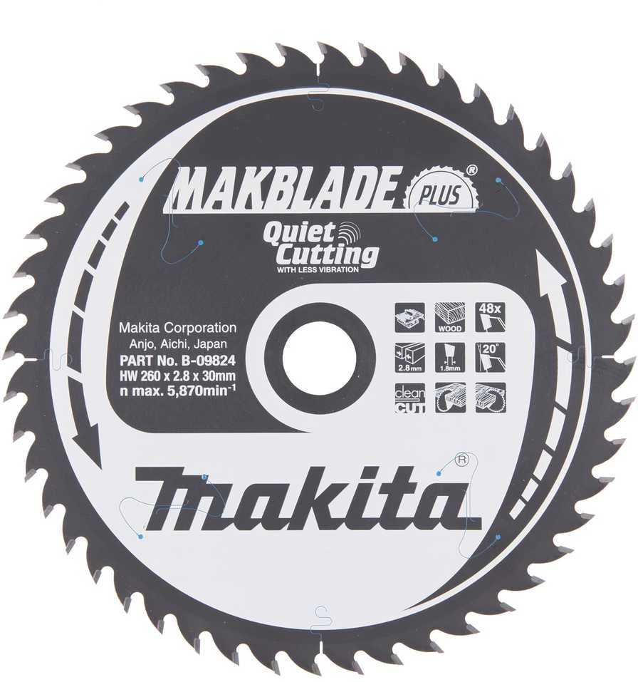 Makita T.C.T. pjūklas MAKBLADE PLUS 260X2.8X30mm 20° T48 B-09824 T.C.T • 260 x30 mm • T48 • 20° • Medienai