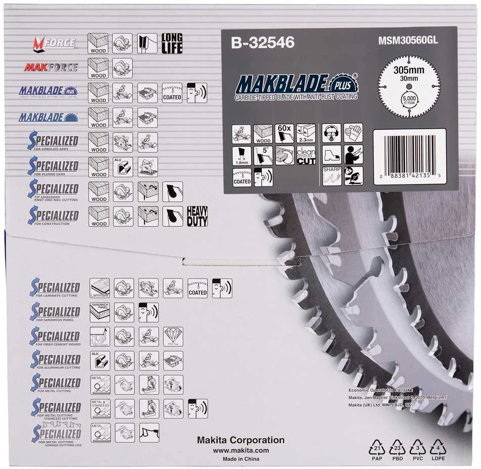 Makita T.C.T. pjūklas MAKBLADE PLUS 305X2.3X30mm 5° T60 B-32546 T.C.T • 305 x30 mm • T60 • 5° • Medienai