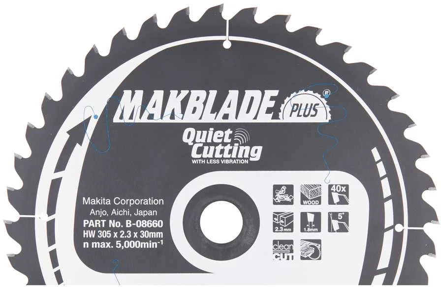 Makita T.C.T. pjūklas MAKBLADE PLUS 305X2.3X30mm 5° T40 B-08660 T.C.T • 305 x30 mm • T40 • 5° • Medienai