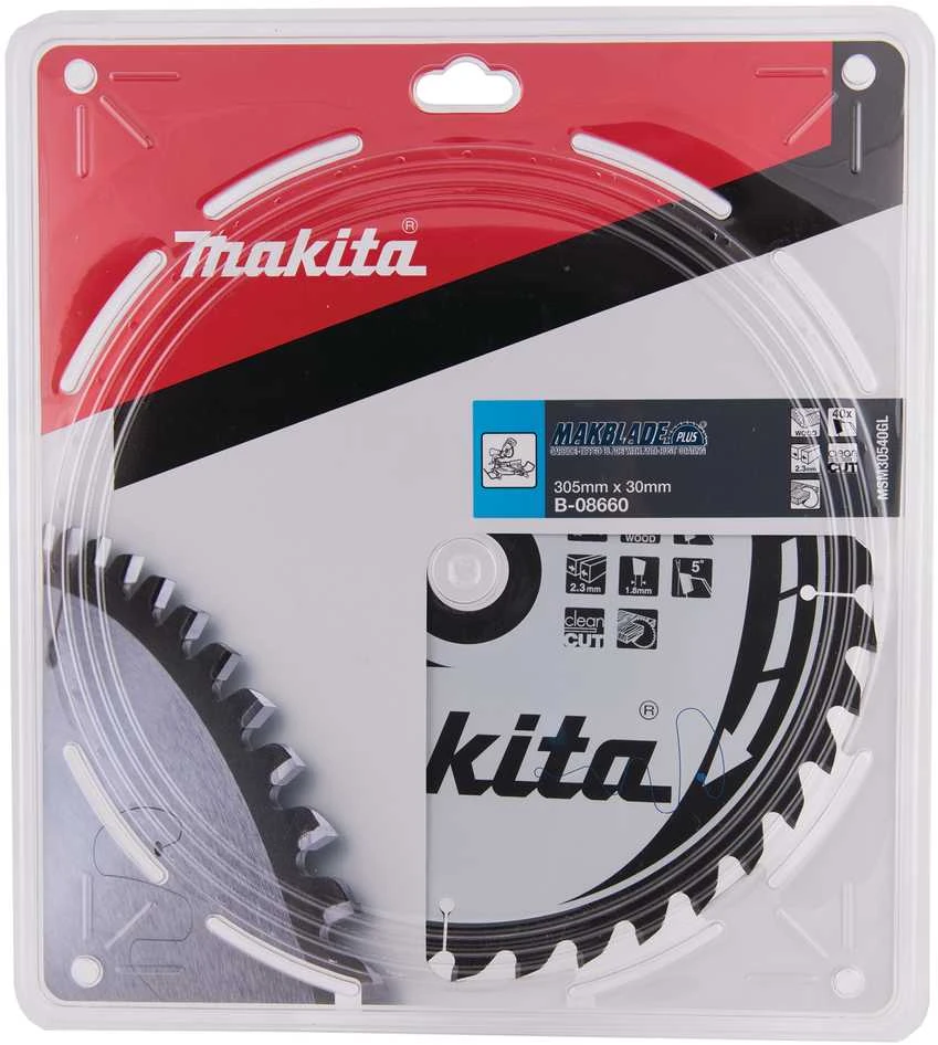 Makita T.C.T. pjūklas MAKBLADE PLUS 305X2.3X30mm 5° T40 B-08660 T.C.T • 305 x30 mm • T40 • 5° • Medienai
