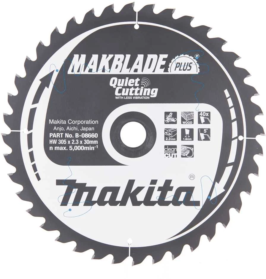 Makita T.C.T. pjūklas MAKBLADE PLUS 305X2.3X30mm 5° T40 B-08660 T.C.T • 305 x30 mm • T40 • 5° • Medienai