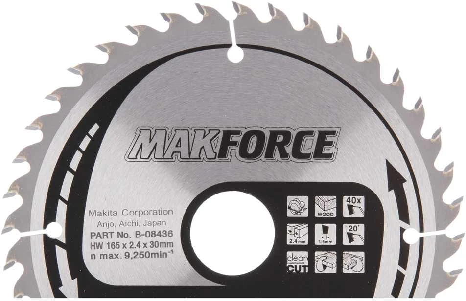 Makita T.C.T. pjūklas MAKFORCE 165X2.4X30mm 20° T40 B-08436 T.C.T • 165 x30 mm • T40 • 20° • Medienai