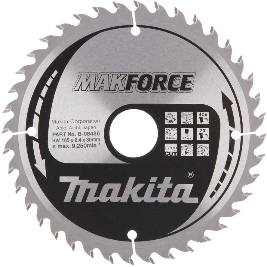 Makita T.C.T. pjūklas MAKFORCE 165X2.4X30mm 20° T40 B-08436 T.C.T • 165 x30 mm • T40 • 20° • Medienai