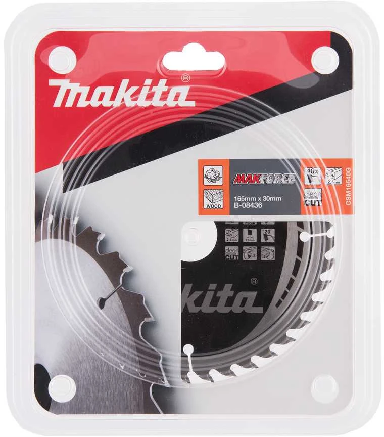 Makita T.C.T. pjūklas MAKFORCE 165X2.4X30mm 20° T40 B-08436 T.C.T • 165 x30 mm • T40 • 20° • Medienai