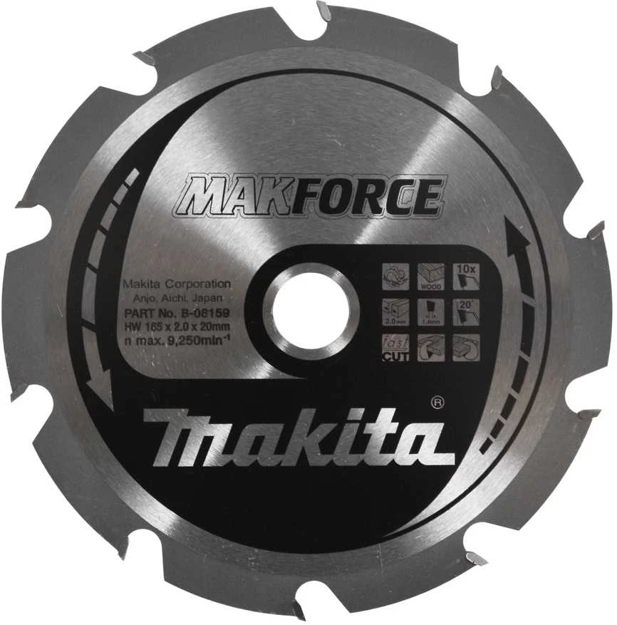 Makita T.C.T. pjūklas MAKFORCE 165X2X20mm 20° T10 B-08159 T.C.T • 165 x20 mm • T10 • 20° • Medienai