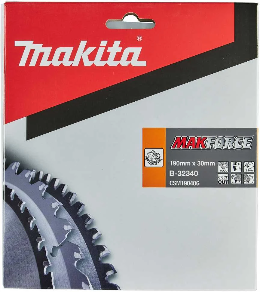 Makita T.C.T. pjūklas MAKFORCE 190X2.2X30mm 20° T40 B-32340 T.C.T • 190 x30 mm • T40 • 20° • Medienai