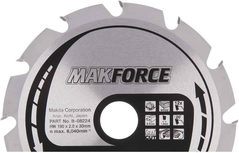 Makita T.C.T. pjūklas MAKFORCE 190X2X30mm 20° T12 B-08224 T.C.T • 190 x30 mm • T12 • 20° • Medienai